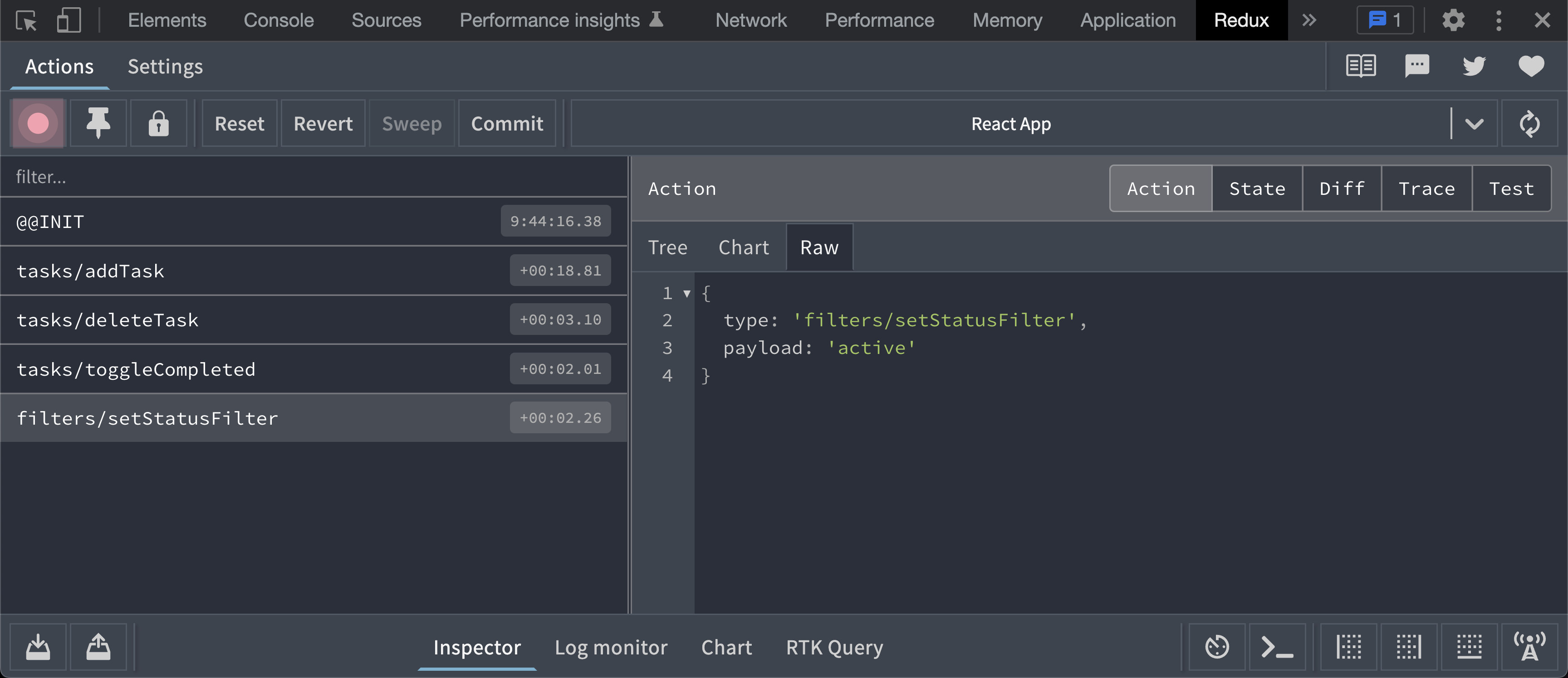 Set filter action in redux devtools